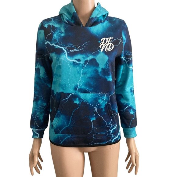 DFND Hoodie Pullover Sweatshirt Blue Womens Juniors Size 13 14 Lightening Print - Picture 1 of 12